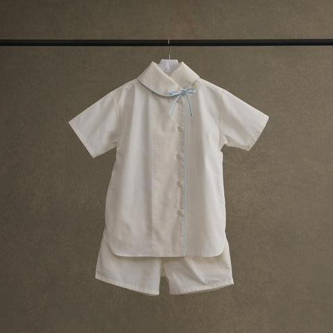 【刺繍サービス有】軽やか半袖・ショートパンツのセットアップパジャマ パステルカラー3色展開 襟元リボンデザイン