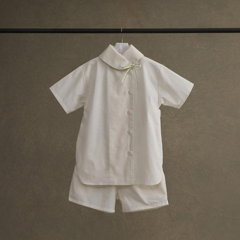 【刺繍サービス有】軽やか半袖・ショートパンツのセットアップパジャマ パステルカラー3色展開 襟元リボンデザイン